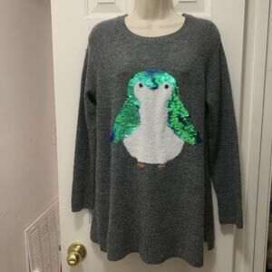 Lauren Conrad Women’s Sweater Penguin Sequins Fuzzy M Tunic Gray Whimsical